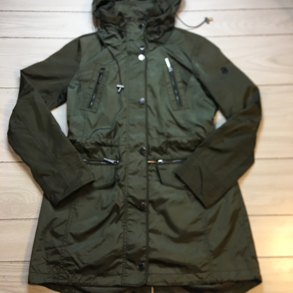 Michael Kors Hooded Anorak Jacket Olive Green Raincoat Lined Zip Closure XS